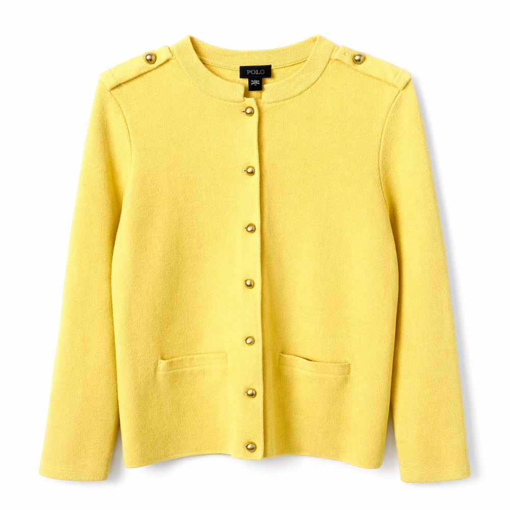 Talbots Petite LP Yellow Merino Wool Cardigan Gold Button Sweater Preppy Classic